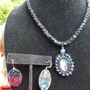 OOAK ABALONE BLACK SEED AND BOREALIS BEADS HANDMADE NECKLACE WITH EARRINGS